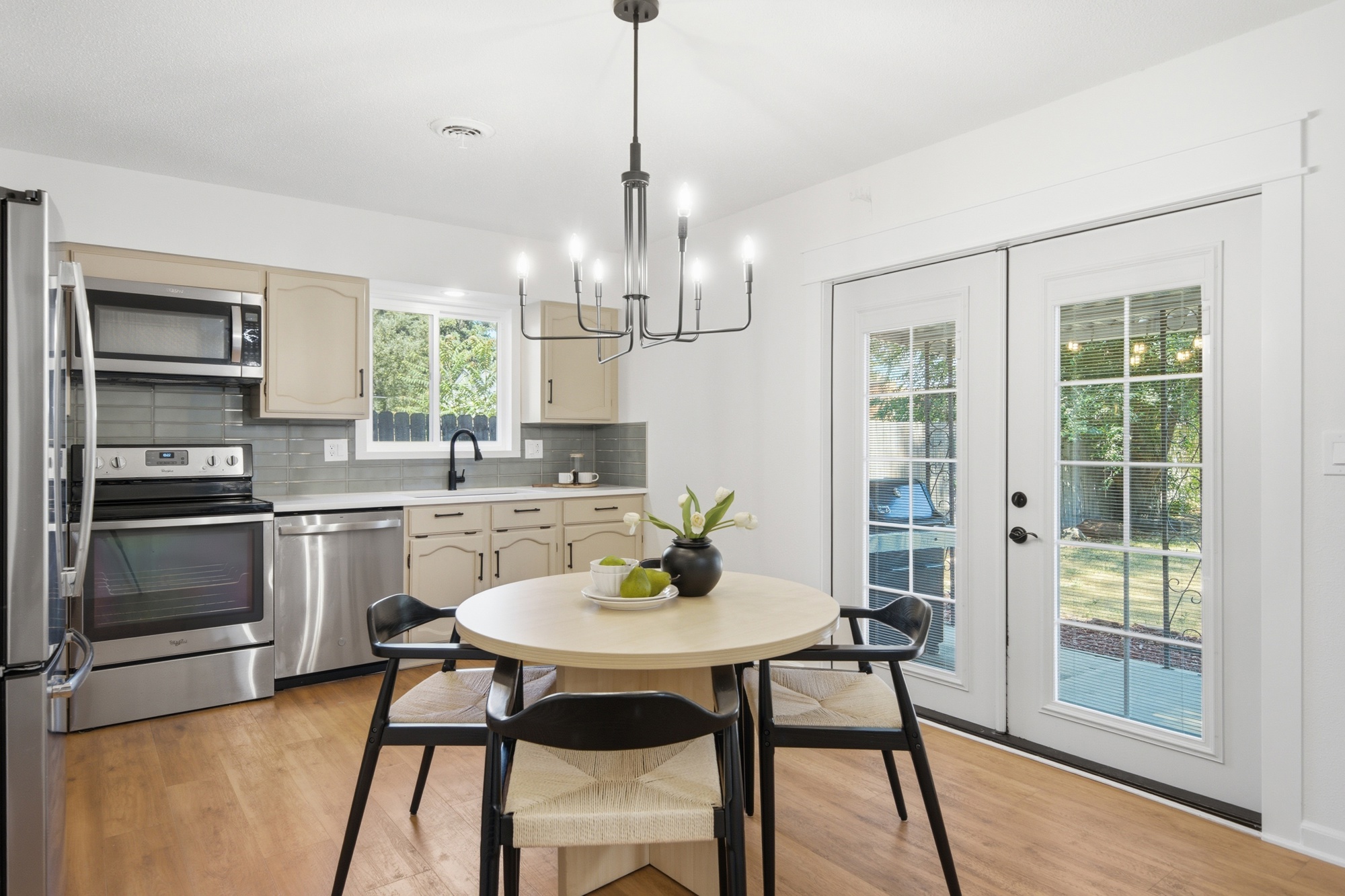 Kitchen and dining area with French doors